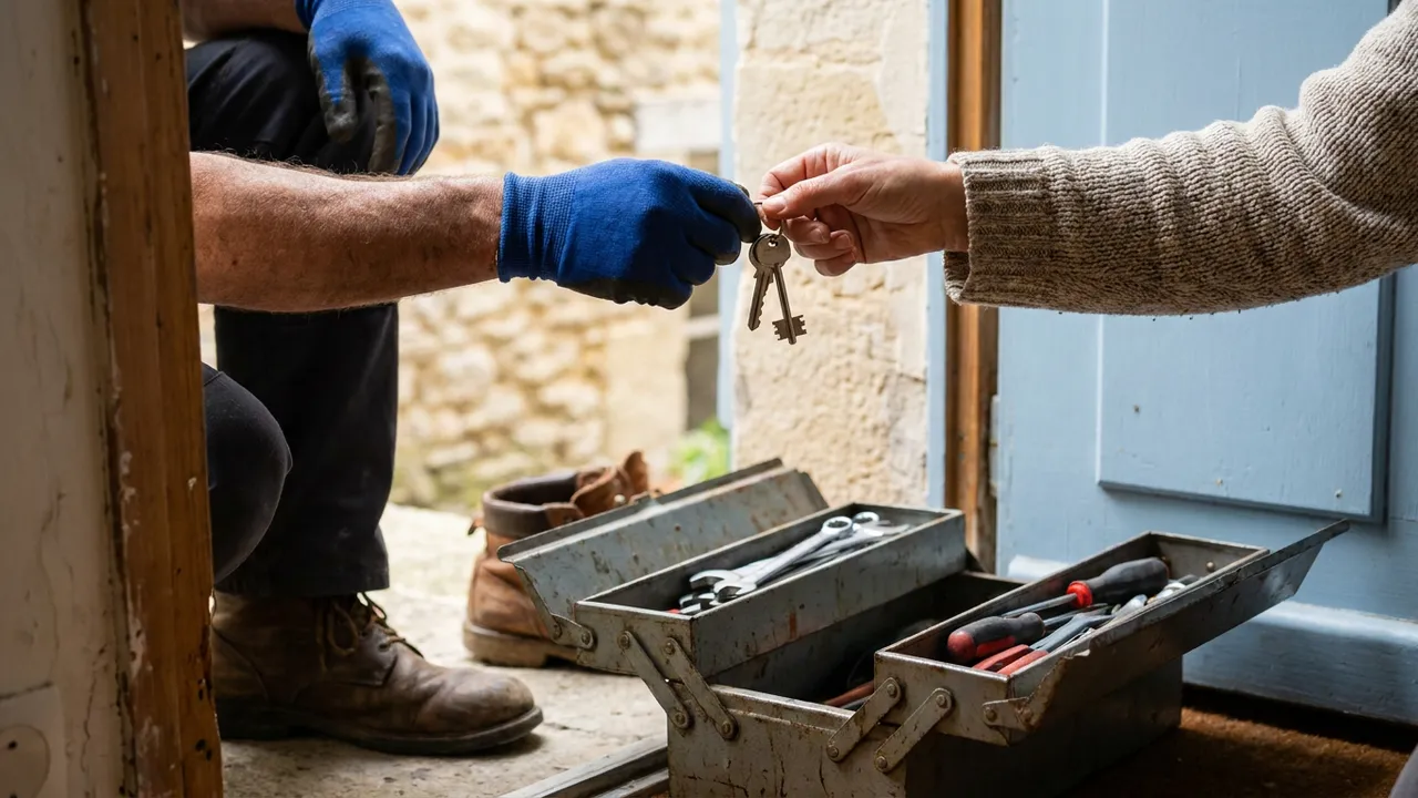 Artisan serrurier présentant un devis écrit à un client dans un appartement de Nogent-sur-Marne